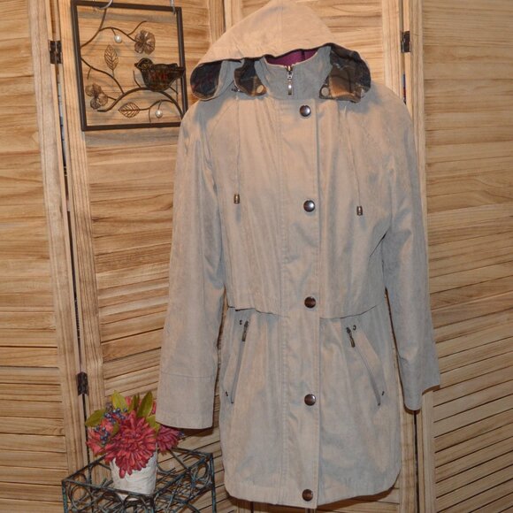 Liz Claiborne SP Tan Hooded Utility Jacket Anorak Zip Out Lining - Picture 1 of 13